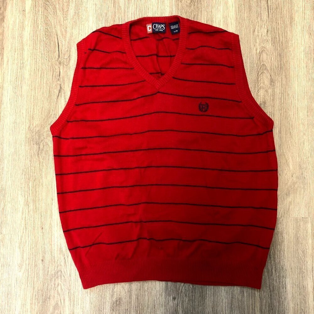Chaps Sweater Vest Men's Size Large 100% Cotton Knit Red Black Striped Layers